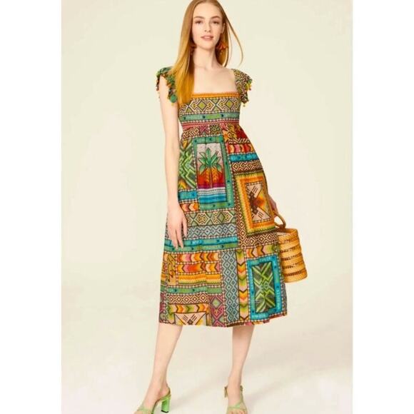 FARM Rio Green Yellow Sundress Midi - Picture 1 of 4